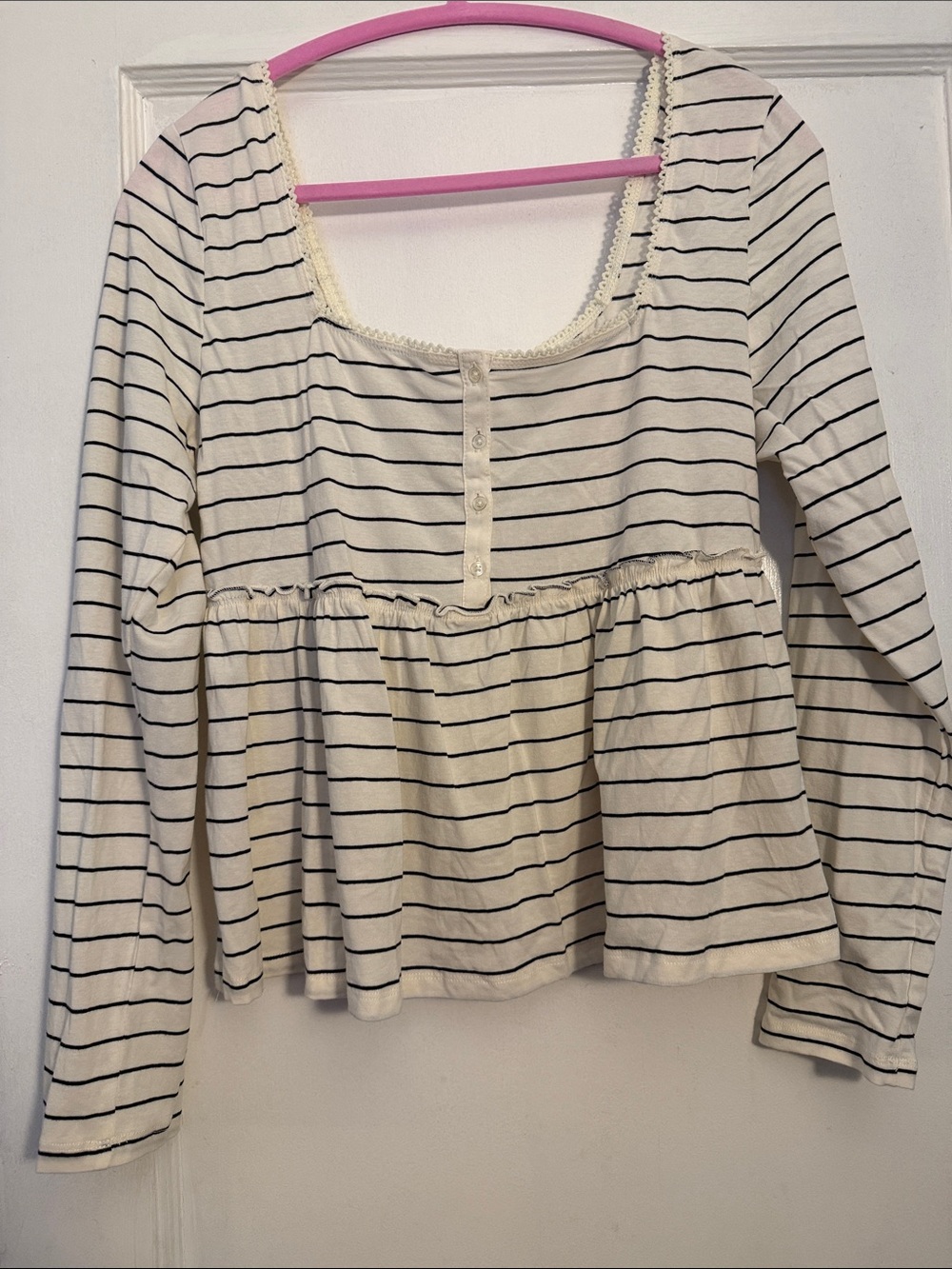 Hippie Rose Cream and Black Striped Babydoll Long-Sleeve Top